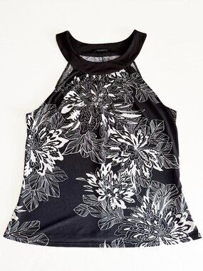 Tahari Black & White Floral Halter Neck Tank Top Blouse Size M